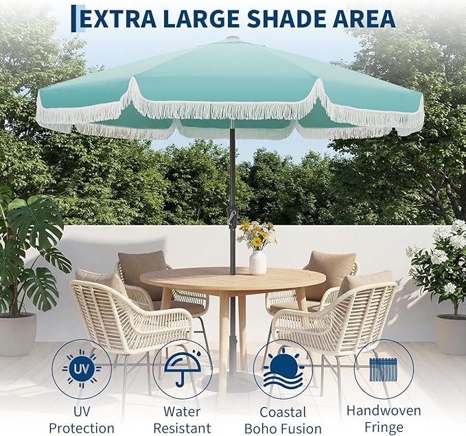 PeakPursuit 9 ft Patio Umbrella with Fringe, Tassel Outdoor Beach Umbrella for Sand with Push Button Tilt, 8 Fiberglass Ribs, UV 50+ Sun Protection for Garden, Pool, Backyard, Deck