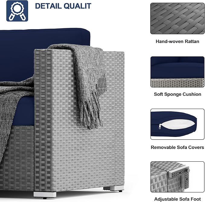 SUNCROWN Outdoor Patio Furniture Set 7 Piece Outdoor Sectional Sofa Grey Wicker Conversation Sofa Set with Coffee Table, Cushions and Waterproof Cover,Dark Blue