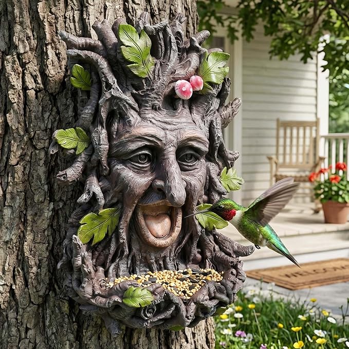 12" Real Tree Face Hugger Statue, Outdoor Garden Resin Bird Feeder Sculpture with Foliage Features, Fairy Elve Accent Yard Art, Halloween Trees Decorations Outdoor Wall Mounted Statue