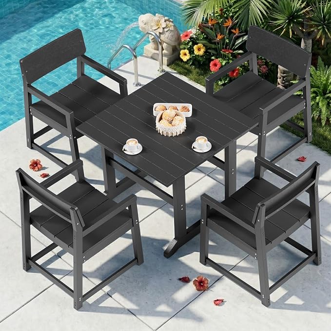 JAMFLY 5 Piece Outdoor Dining Set, All Weather Patio Table and Chairs for Backyard Garden Deck Lawn Pool, Sturdy All Weather Outdoor Furniture Set, Black