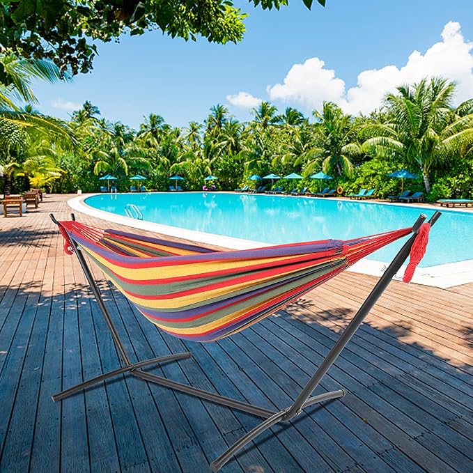 Cotton Hammock with Space Saving Steel Stand,9ft Black Steel Pipe Hammock Frame with 200 * 150cm Polyester Cotton Hammock Iron Hammock Set (Red Stripe A)
