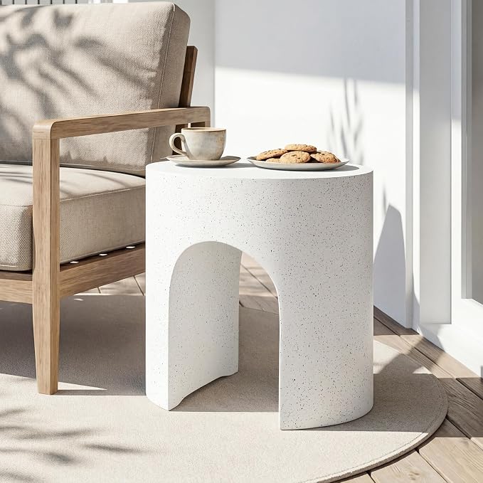 SUNBURY Outdoor Side Table, 16" W Concrete End Table w Arch Shape, Round Cement Accent Table Lightweight for Patio, Modern Decorative Garden Stool for Patio, Backyard, Spotted White