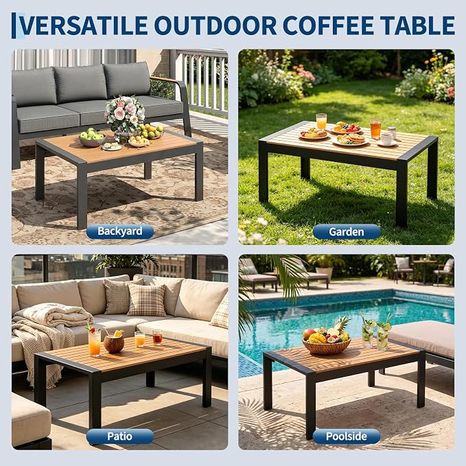 Garvee Outdoor Coffee Table, All-Weather Aluminum Patio Table, Rectangle Outdoor Coffee Tables for Outside, Realistic Wood-Look Tabletop Furniture for Patio, Deck, Backyard, Garden, Poolside
