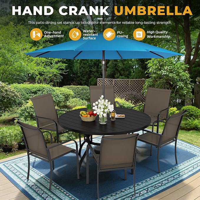 Incbruce 8 PCS Patio Dining Set with Sky Blue Umbrella, Outdoor Dining Set of 6 Textilene Chairs and 53" Round Table with Umbrella Hole for Backyard, Garden, and Poolside (Brown)