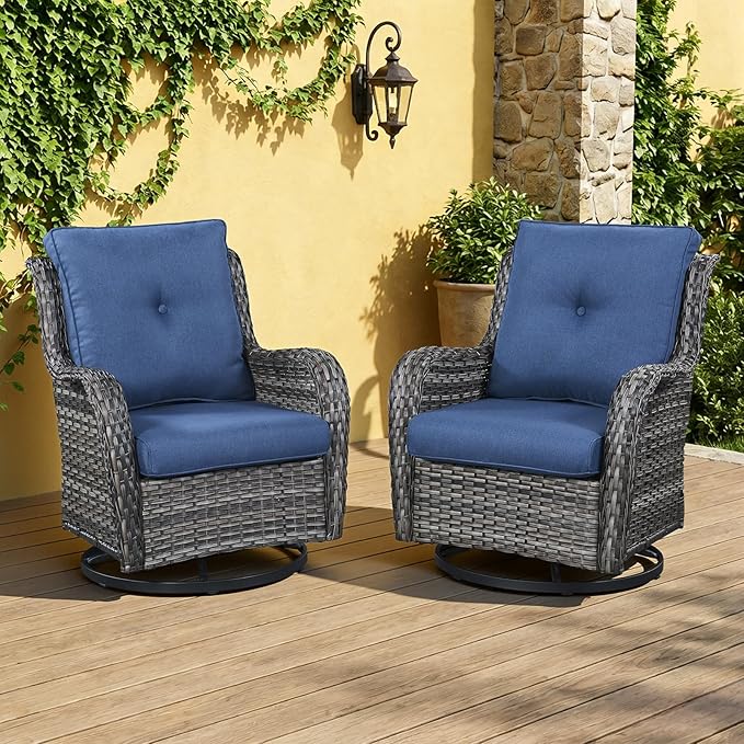 Outdoor Swivel Rocker Patio Chairs-Wicker Patio Swivel Chairs Set of 2 PE Rattan Patio Furniture for Porch Deck Balcony Garden-Grey/Blue
