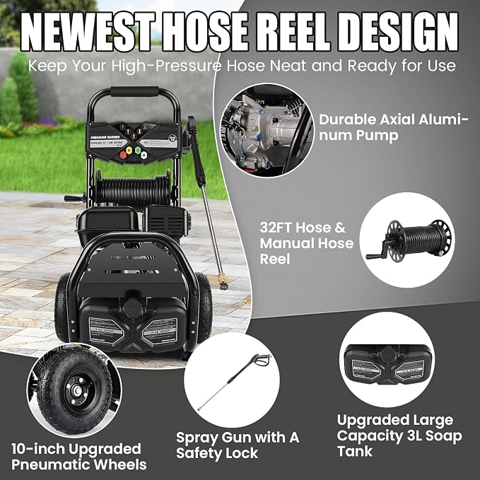 Professional 4200PSI 4GPM 212CC Gas Pressure Washer, 7.0HP Heavy-Duty 3600RPM Commercial Gas Power Washer with 10" Wheels 3000ML Foam Bottle 5 Nozzles 33FT Hose Reel (EPA/CARB/ETL Compliant), Black