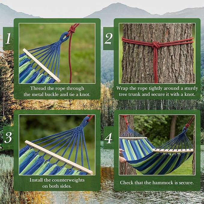 SATINIOR 4 Pack Canvas Portable Camping Hammocks with 4 Carrying Pouch 8 Tree Straps 8 Anti Roll Balance Beam Large 86.6 x 59 Hanging Hammock for Patio Backyard Outdoor, Red & Blue & Green & White