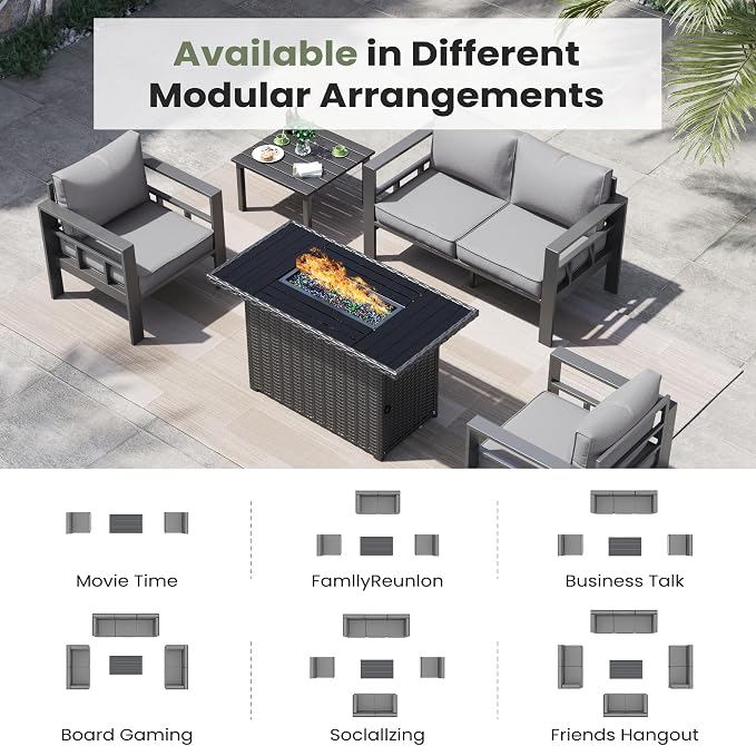 5 Piece Aluminum Patio Furniture Set, Thick Cushions, Aluminum Outdoor Sectional Conversation Set with Coffee Table for Porch, Backyard, Deck(Grey/Light Grey)