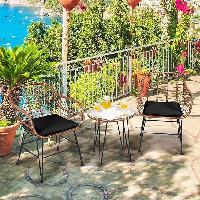 DORTALA 3 Piece Patio Bistro Set, Outdoor Wicker Furniture with Round Tempered Glass Top Table & 2 Rattan Armchairs, Cushions, Conversation Set for Porch, Backyard, Garden, Black
