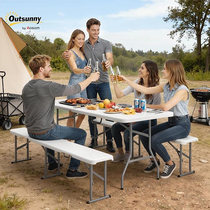 Outsunny 6FT 3-Piece Portable Picnic Table Bench Set, Folding Camping Table and Chairs with Carrying Handles for Indoor Outdoor Use, Camping, BBQ, Party, Event, White