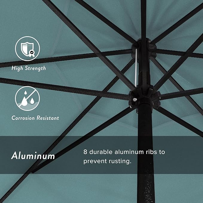 California Umbrella 12-Year Protection 9' Rd Aluminum Patio Umbrella, Crank Lift, Auto Tilt, Black Finish, Sunbrella Aruba