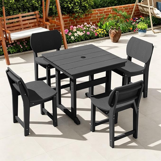 5-Piece HDPE Outdoor Dining Set, Weatherproof Patio Table and Chairs Set for 4, Includes 1 Square Table and 6 Armless Chairs, with Umbrella Hole (Black)