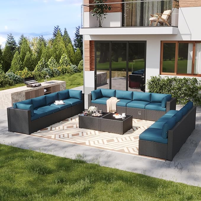 LazySunsets 14 Piece Outdoor Patio Furniture Set with Coffee Table, Outdoor Patio Furniture Set with Waterproof Cover, Wicker Rattan Outdoor Conversation Set for Backyard & Garden, Peacock Blue