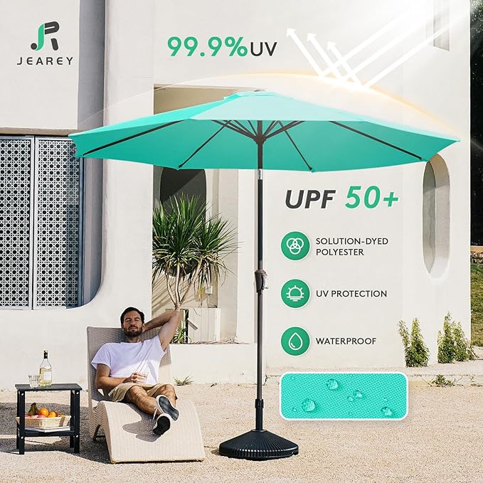 JEAREY 10FT Outdoor Patio Umbrella Outdoor Table Umbrella with Push Button Tilt and Crank, Market Umbrella 8 Sturdy Ribs UV Protection Waterproof for Pool, Garden (Aqua Sky)