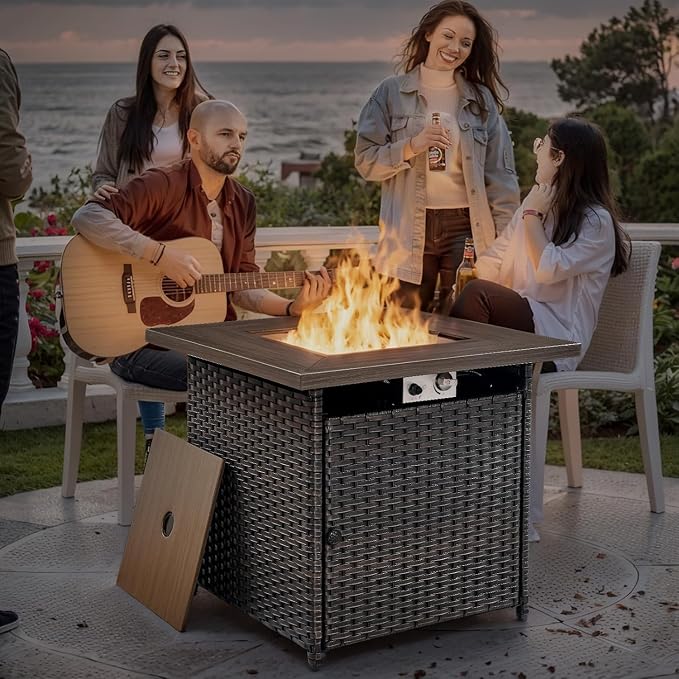 Patio Furniture Set - 6 Pieces All Weather Wicker Outdoor Furniture with 2 Swivel Chairs, 2 Ottomans 1 Sofa and Fire Pit Table, Ergonomic Design for Porch, Deck, Balcony, Garden, and Backyard(Beige)