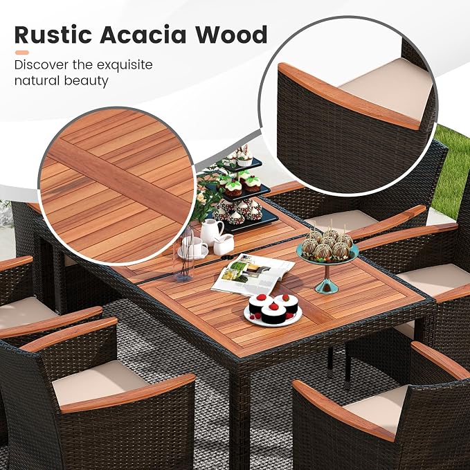 7-Piece Outdoor Wicker Dining Set with Umbrella Hole, Patio Dining Furniture with Acacia Wood Table and Chairs, for Garden, Backyard, Desk & Poolside (Brown)