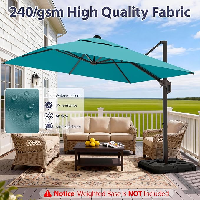 10' X 10' Patio Umbrella Cantilever Outdoor Rectangle Umbrella, Heavy Duty 360°Rotation Offset Umbrella for Garden Deck Pool Patio, Turquoise