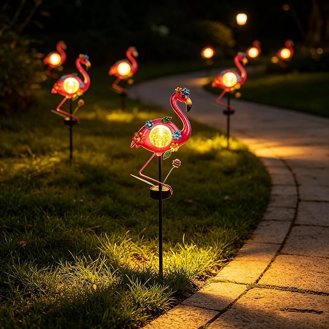 Solar Flamingo Garden Stake Lights Outdoor 2 Pack Metal Flamingo Lawm Ornament Waterproof Decorative Garden Stakes Patio Gifts for Women Mam Girls Landscape Outside Decorations for Yard