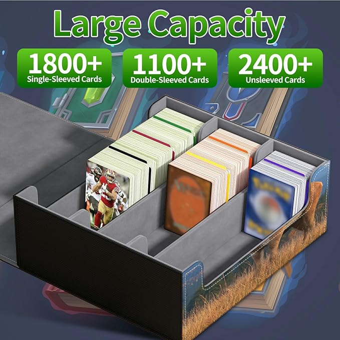 Large Card Deck Box for MTG, Fits 1200+ Sleeved Cards, PU Leather Storage Case with Strong Magnetic Closure, Multiple Colors Available for TCG CCG Baseball Card Collections, Grassland Deer