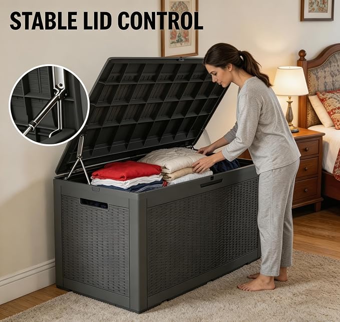 LAUSAINT HOME 100 Gallon Resin Deck Box, Package Delivery Box with Lockable Lid, Waterproof Outdoor Storage Box For Garden Tools, Patio Cushions(100 Gallon,Black)