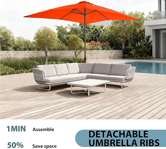 8x10FT Rectangular Patio Umbrella Crank Lift for Garden,UV Protection Outdoor Umbrella for Deck,Pool and Yard,Orange