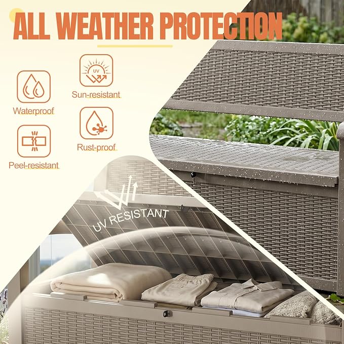 Storage Bench Outdoor Deck Box,100 Gallon Waterproof & UV Resistant Lockable Patio Furniture Seating.Indoor/Outdoor Shoe Storage Cabinet for Garden Cushions,Tools,Patio,Pool Supplies