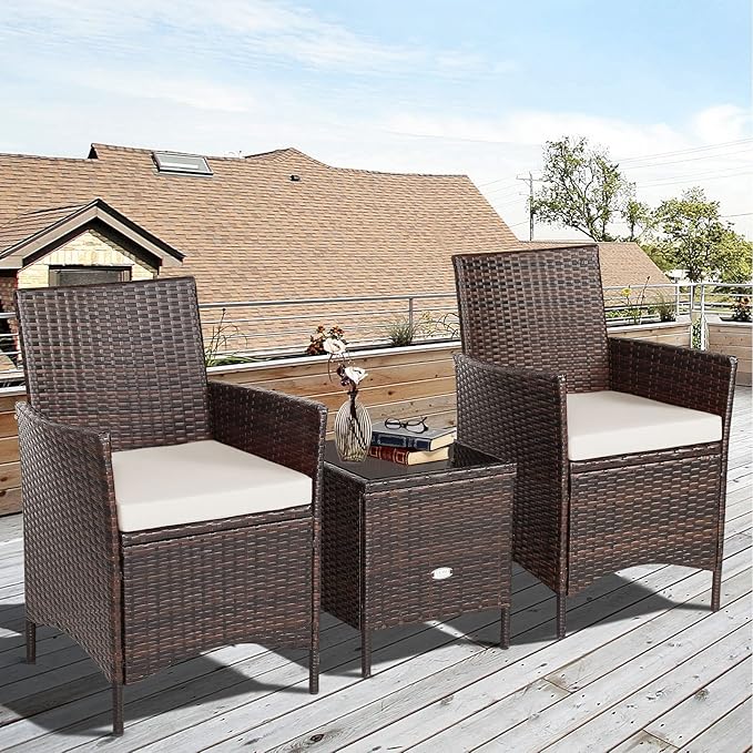 Tangkula 3-Piece Patio Conversation Set, Wicker Chairs with Glass Top Square Coffee Table & Cushions, All-Weather Outdoor Rattan Furniture Set for Garden Backyard Balcony Poolside (White)