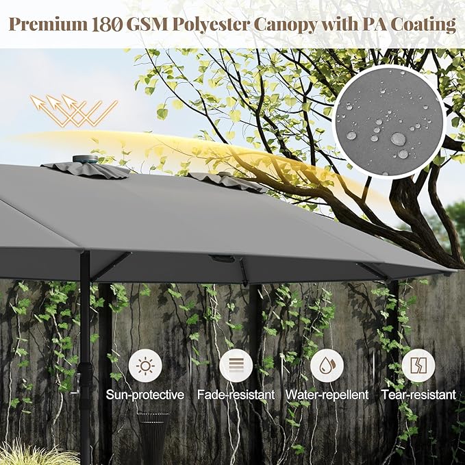 Tangkula 15FT Double-Sided Solar Patio Umbrella, Extra-Large Outdoor Twin Umbrella with 48 LED Lights, Vented Top, Crank Handle, 12 Ribs, Weighted Base Included for Backyard Poolside Deck (Gray)