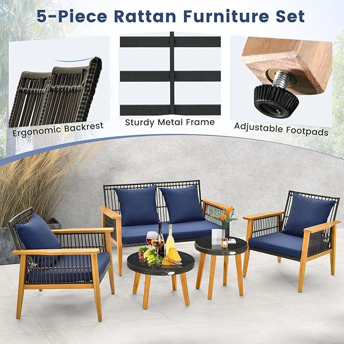 Tangkula 5 Piece Outdoor Conversation Set, Patiojoy Rattan Chair Set with 2 Coffee Tables, Stable Acacia Wood Frame, Cozy Seat & Back Cushions, Patio Wicker Furniture Set for Backyard, Poolside (Navy)