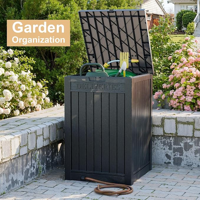 Vixzen Extra Large Package Delivery Box for Outside,Waterproof & Sturdy Parcel Drop Boxes,Resin,Easy to Assemble,Package Drop Box for Porch, House, Curbside,Black