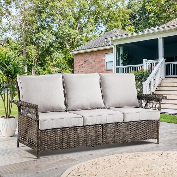 Patio Furniture Set with Fire Pit Table, 6PCS Patio Conversation Set Brown Resin Wicker Patio Chair Sofa Ottoman with 41in Rectangular Outdoor Fire Table PE Rattan Furniture Set
