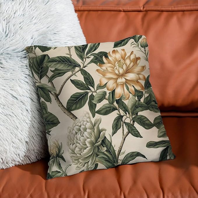 Green and White Chinoiserie Floral Pillow Cover Golden Lotus Flower Throw Pillow Cover Retro Throw Pillow Covers Farmhouse Decorative for Patio Tent Couch 22x22 in