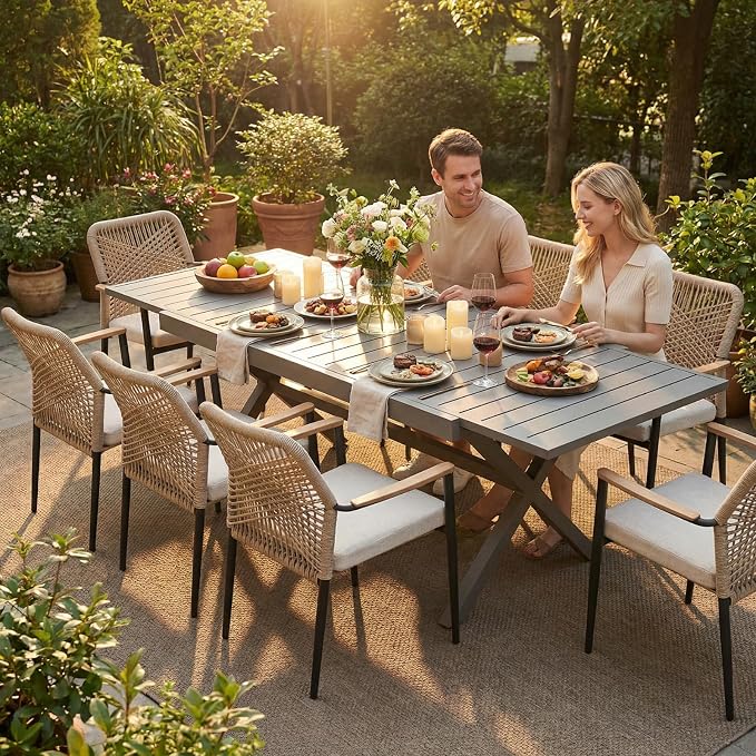 SUNSITT 9 Piece Outdoor Patio Dining Set, 65" - 107" Metal Expandable Outdoor Dining Table with X-Shape Legs, 8 Woven Wicker Patio Chairs w/WPC Armrests for Garden, Dark Grey
