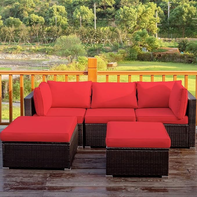 COSTWAY 5-Piece Outdoor Patio Furniture Set, PE Rattan Sectional Conversation Set with Cushions and 2 Ottomans for Garden, Deck, Backyard (Red)