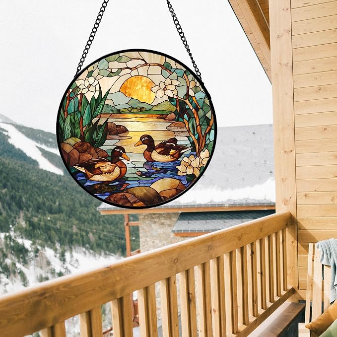 Stained Glass Window Hanging, Ducks in the Pond Sun Catcher for Door Home Decor Landscape Plant Suncatcher Christmas Mother's Day Birthday Gifts for Women Men Mom Nana 6.3 in