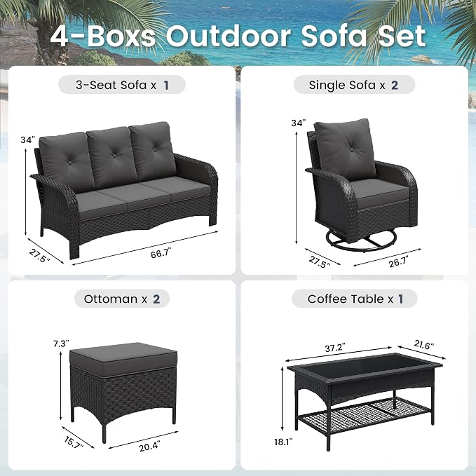 UDPATIO High Back Patio Furniture Set with 2 Swivel Rocker Chairs, Wicker Outdoor Conversation Sets with Thick Cushions & Ottoman, for Garden, Porch