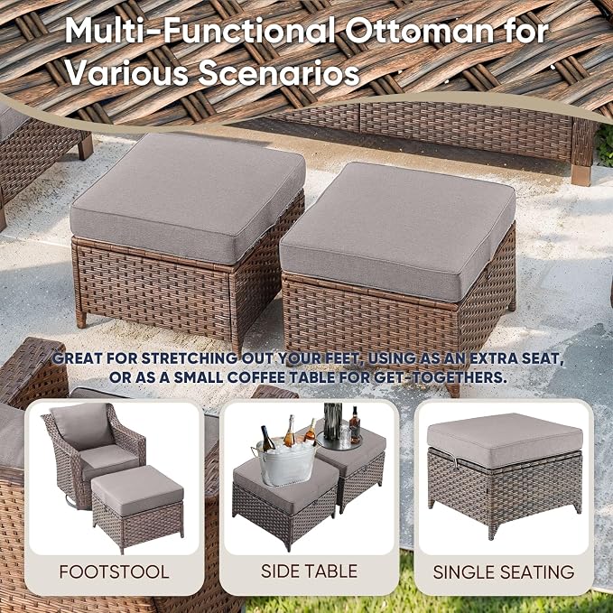6 Pieces Outdoor Furniture Set-Deep Seating 3-Seat Couch with Patio Swivel Chairs Outdoor Coffee Table for Porch Garden Backyard Poolside-Brown/Grey