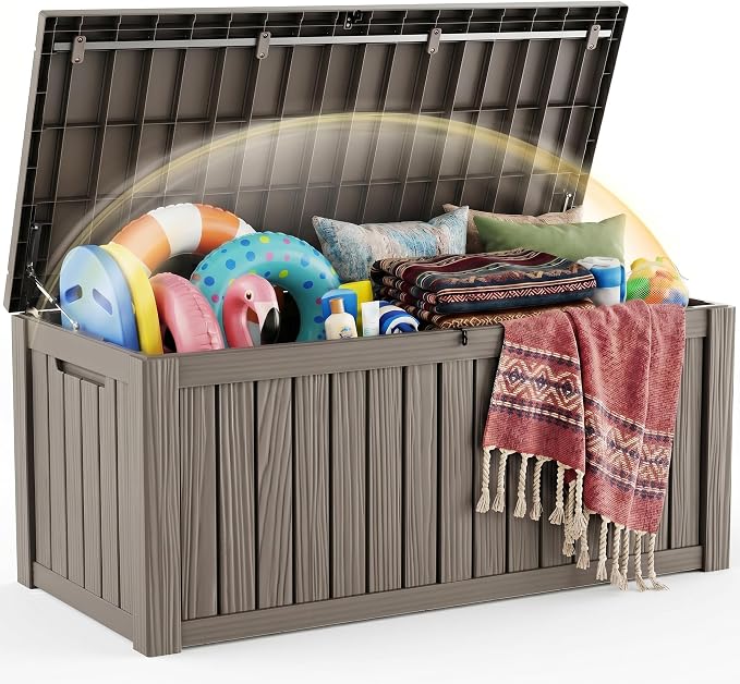 EFU Outdoor Storage Box 180 Gallon Deck Box (Indoor & Outdoor) Lockable UV Resistance Waterproof Resin Storage Bin Storage Box for Outdoor,Patio Storage With Support Rod(Taupe)
