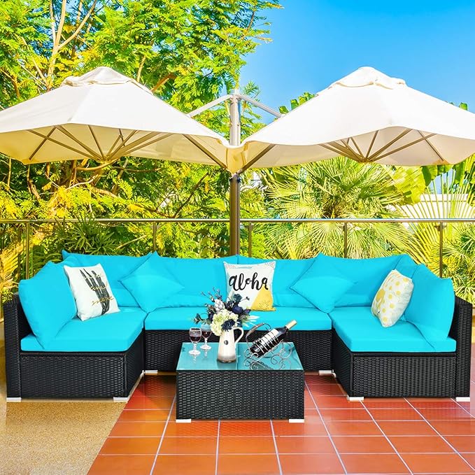 COSTWAY 7 Pieces Patio Furniture Set, Outdoor Rattan Conversation Set with 6 Seats, Coffee Tea Table, Soft Cushions, Wicker Patio Sectional Sofa for Garden Balcony Porch Poolside, Turquoise