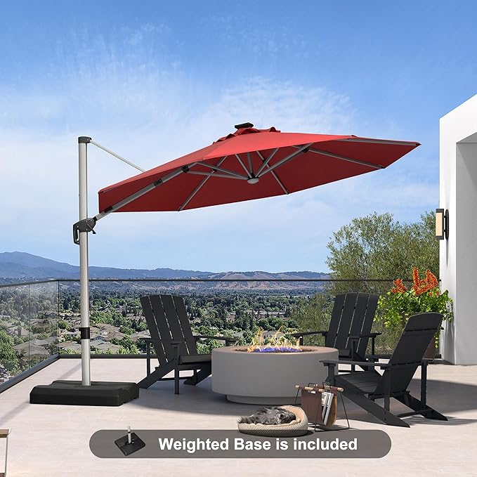 PURPLE LEAF Cantilever Umbrella with base 11ft Outdoor Round Patio Solar Powered LED Umbrella with 360-degree Rotation for Garden Deck Pool Patio, Terra
