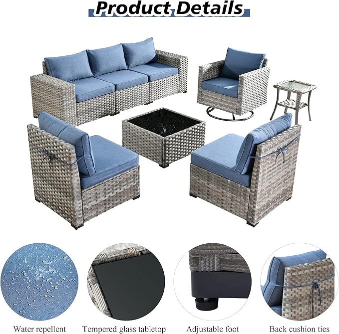 HOOOWOOO Outdoor Patio Sectional Furniture Sofa Set with Swivel Rocking Chair,8 Piece Modern Wicker Couch with Widened Armrest,Modular Conversation Seating Set for Garden(Denim Blue)