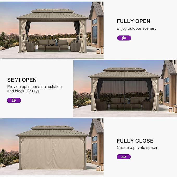 PURPLE LEAF 8' x 14' Outdoor Hardtop Gazebo, Champagne Aluminum Gazebo with Galvanized Steel Double Roof, Curtains and Netting for Patio Lawn and Garden