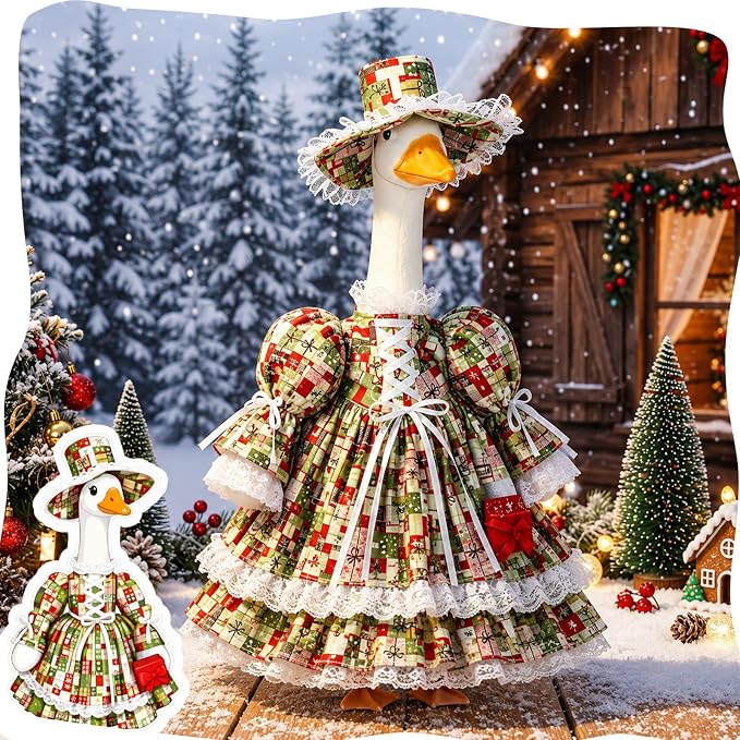 Suzile Christmas Porch Goose Outfit Xmas Present Goose Clothes for 23" High Cement or Plastic Geese Costume for Yard Lawn Outdoor Garden Patio Statue Xmas Duck Dresses Holiday Decor