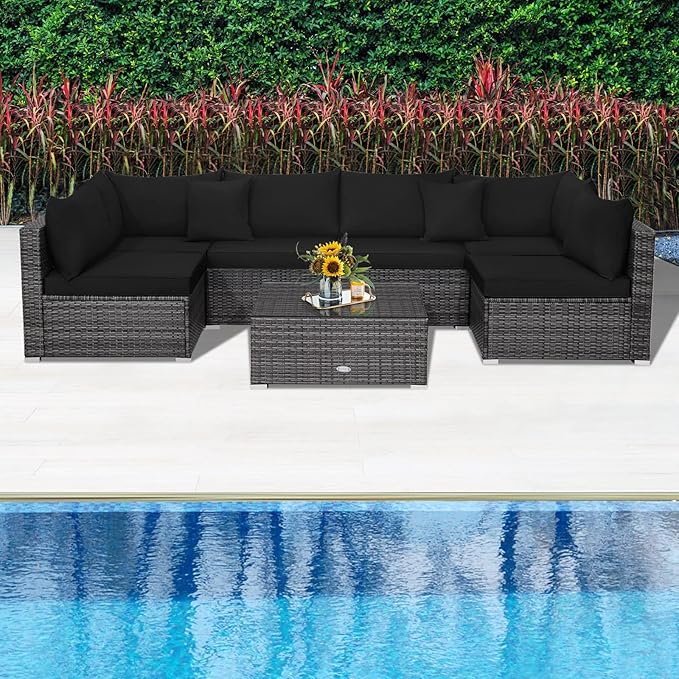 Tangkula 7 Piece Patio Wicker Furniture Set, Outdoor Rattan Sectional Sofa Set for 6 with Seat & Back Cushions, 2 Throw Pillows, Sofa Fastener Clips, for Backyard, Poolside, Deck and Garden (Black)