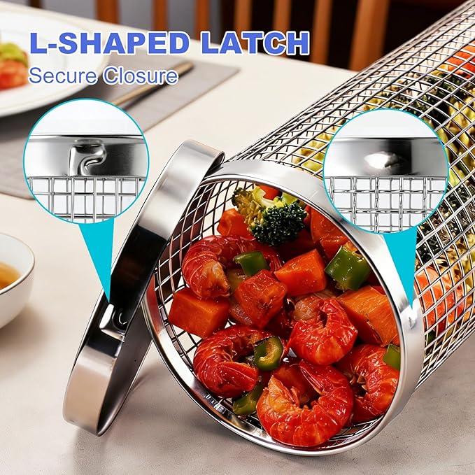Rolling Grill Basket 2-Pack, Premium 304 Stainless Steel, Removable Wooden Handles, Upgrade Rolling Grill Baskets for Outdoor Grill, BBQ Grill Accessories for Outdoor Grill, Outdoor Gifts for men