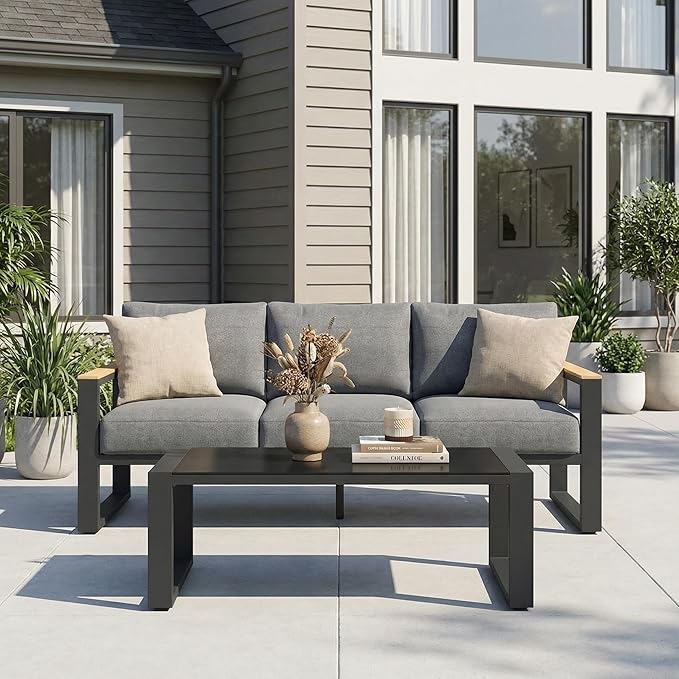 RoyalCraft Aluminum Outdoor Patio Furniture Set with Height-Adjustable Footrest, 3-Seats All-Weather Patio Sofa Sets with Coffee Table for Porch Backyard Garden Patio, Grey