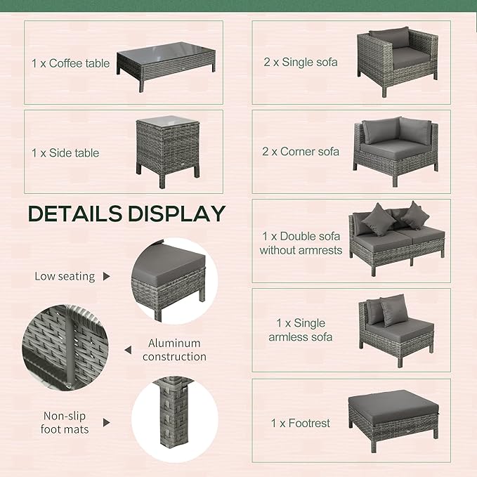 Outsunny 9-Piece PE Rattan Patio Furniture Set, Outdoor Extra Large Sectional Sofa with Loveseat, Coffee Table and Side Table, Chairs, Ottoman, Cushions, Gray