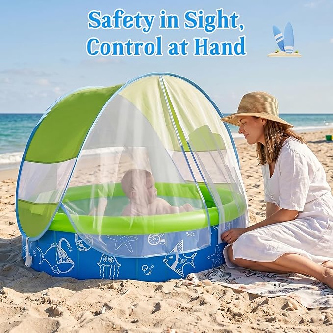 Baby Pool with Canopy, 47" x 12" Airless Foldable Kiddie Pool with UPF 50+ Sunshade, Mosquito Net, Water Sprinkler – Easy Folding & Carry for Toddlers, Infants, Backyard, Beach, Travel