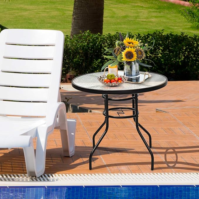 S AFSTAR Patio Bistro Table, Tempered Glass Table with 1.65” Umbrella Hole, Round Outdoor Dining Table, Round Patio Coffee Table for Deck Balcony Lawn Pool Backyard, 28”H x 32” D (Black)