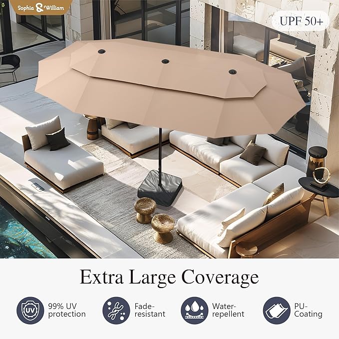 Sophia & William 15ft Extra Large Patio Umbrella with Base Included, 2-Tier Double-Sided Rectangle Outdoor Umbrella with Stand, Market Umbrella for Pool Garden Backyard, Beige